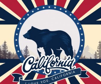 California Advertising Banner Bear Icon Rays Calligraphy Decor