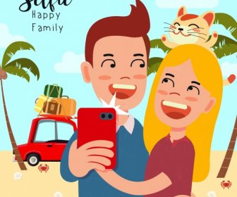 Camera Selfie Advertising Joyful Couple Cute Cartoon Design