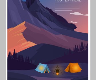 Camping Activity Poster Mountain Scene Sketch Colorful Design