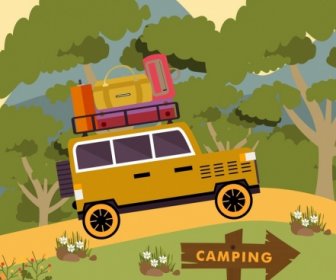 캠핑 배경 자동차 화물 아이콘 양식된 만화 장식
