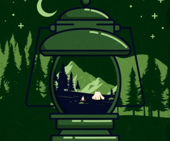 Camping En Fondo Verde Lámpara Tienda Montaña Iconos