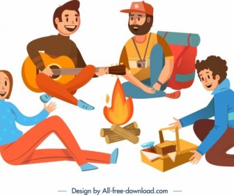 Camping Fondo Gente Alegre Fogata Iconos Dibujos Animados Diseño