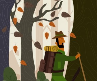 Camping Hintergrund Männlichen Wanderer Wald Symbole Farbige Cartoon