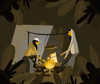캠핑 배경 사람들이 화재 아이콘 만화 디자인