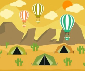 露營背景帳篷氣球圖標山沙漠背景