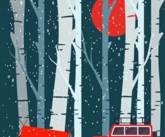 Camping Background Tent Car Icons Snowy Jungle Backdrop