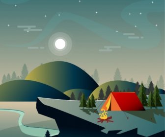 Camping Background Tent Mount Moon Icons Sparkling Sky