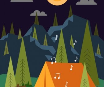 Camping Background Tent Music Notes Icons Night Backdrop