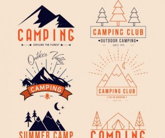 نادي التخييم Logotypes الجبال شجرة الرموز الكلاسيكية التصميم