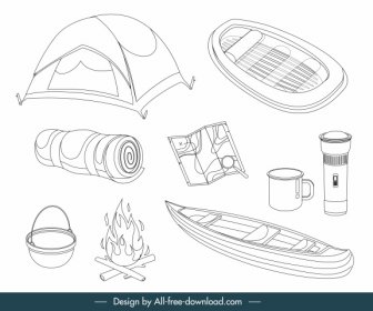 Camping Design Elemente Objekte Skizze Schwarz Weiß Handgezeichnet