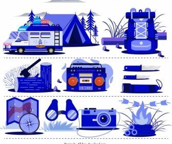 Camping Designelemente Persönliche Utensilien Icons Blaue Skizze