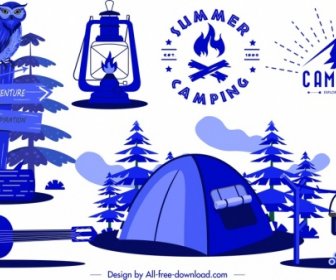 Camping Design Elemente Zelt Gitarre Lagerfeuer Lampe Skizze