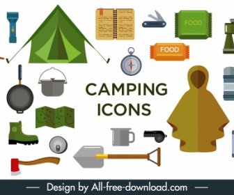 O Camping Design Elementos Utensílio ícones Croqui Design Plano