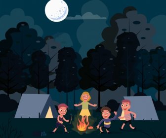 Camping Drawing Joyful Children Night Moon Cartoon Design