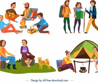 Campeggio Icone Persone Attività Design Colorato Personaggi Dei Cartoni Animati