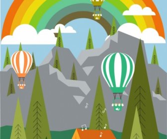 Camping Landschaft Hintergrund Regenbogenfarbenen Ballon Zelt Symbole