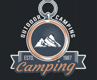 Camping Logo Template Classical Ring Ribbon Mountain Sketch