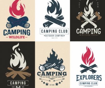Camping Logo Template Retro Fire Wood Sketch
