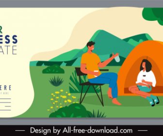캠핑 포스터 텐트 자연 장면 다채로운 만화 스케치