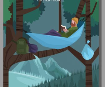Cartel De Camping Hamaca Turística Boceto Diseño De Dibujos Animados