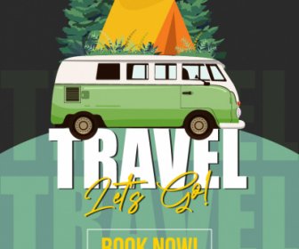 camping travel poster classic bus tent moon sketch