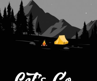 キャンプ旅行バナー テント キャンプファイヤー夜星アイコン