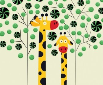 Bonbons De Fond Bande Dessinée Colorée Arbres Girafe Icônes
