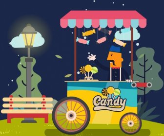 Candy Sale Drawing Man Push Cart Icons