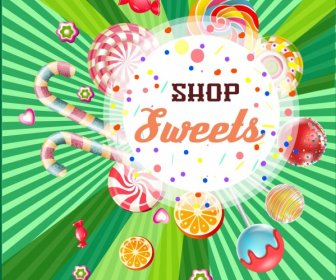 Candy Shop Advertisement Colorful Shiny Design Rays Decor