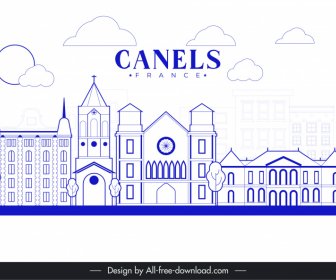Canels ฝรั่งเศสโปสเตอร์แม่แบบแบนสีฟ้าสีขาวโครงร่างสถาปัตยกรรมยุโรป