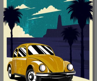 Car Advertising Poster Colored Retro Design