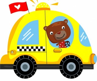 ícone De Carro Estilizado Desenho Animado Urso Colorido Esboço Plano