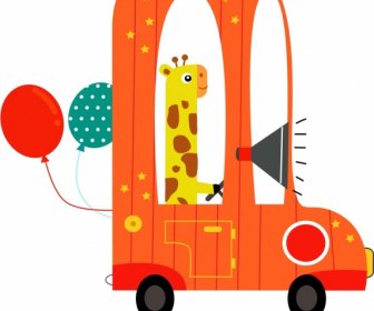 Car Icon Stylized Giraffe Character Colorful Flat Sketch