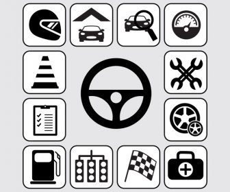 Car Racing Icons Isolated With Black And White