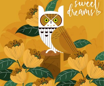 Card Background Owl Flowers Decor Dark Classic Design