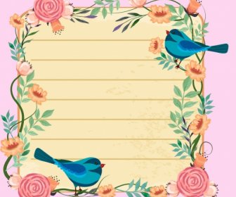Card Border Template Flowers Birds Icons Decoration