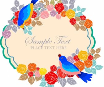 بطاقة تصميم الغلاف الورود الملونة وطيور الزينة