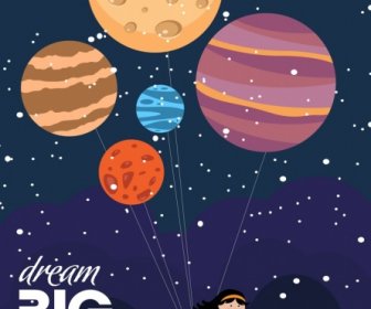 Card Cover Template Dreaming Style Planet Girl Icons