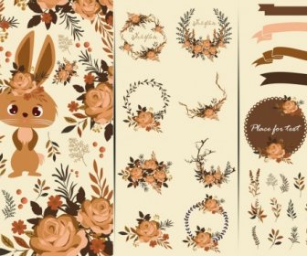 卡的設計元素，棕色的兔子花絲帶圖標