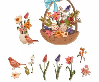 элементы дизайна открытки, элегантные цветы, птицы, яйца, эскиз