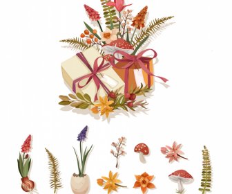 Card Design Elements Elegant Flowers Gifts Nature Elements Sketch
