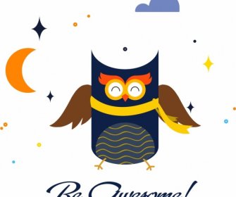 Kartu Template Owl Ikon Kartun Berwarna-warni Sketsa Desain