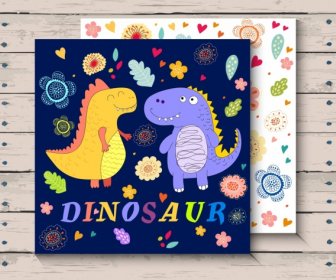Kartu Template Dinosaurus Lucu Ikon Berwarna-warni Bunga Dekorasi
