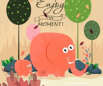 Card Template Elephant Trees Decor Cute Cartoon Design