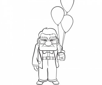 Carl Fredricksen ikon sketsa handdrawn hitam putih