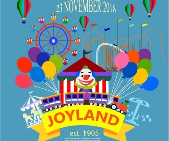 carnival funfair poster with clown and balloons illustration