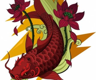 Carp Icon Lotus Decor Colored Tattoo Sketch