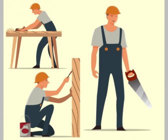 Carpenter Ikon Ikon Laki-laki Bekerja Berbagai Gerakan Isolasi