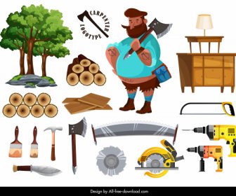 Carpenter Work Design Elements Colored Objects Sketch