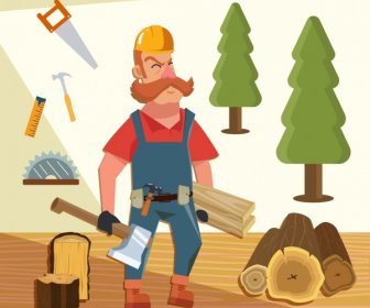 Carpentry Job Background Man Tool Icons Colored Cartoon